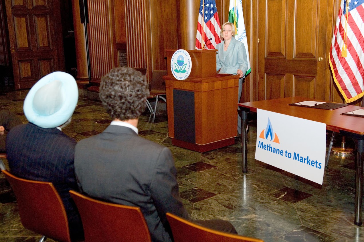 Dina Kruger, U.S. EPA Climate Change Division Director, speaking at the MOU signing between U.S. and India in support of the Methane to Markets Partnership, 2007. <br><span class='small text-muted'>(2007, Washington D.C., United States, EPA headquarters)</span>